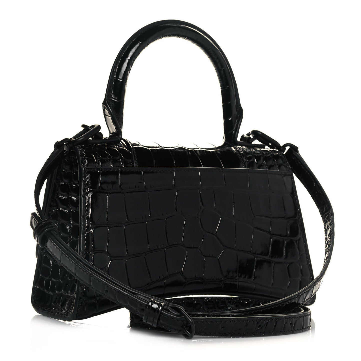 Shiny Calfskin Monochrome Crocodile Embossed Hourglass Top Handle Bag XS Black