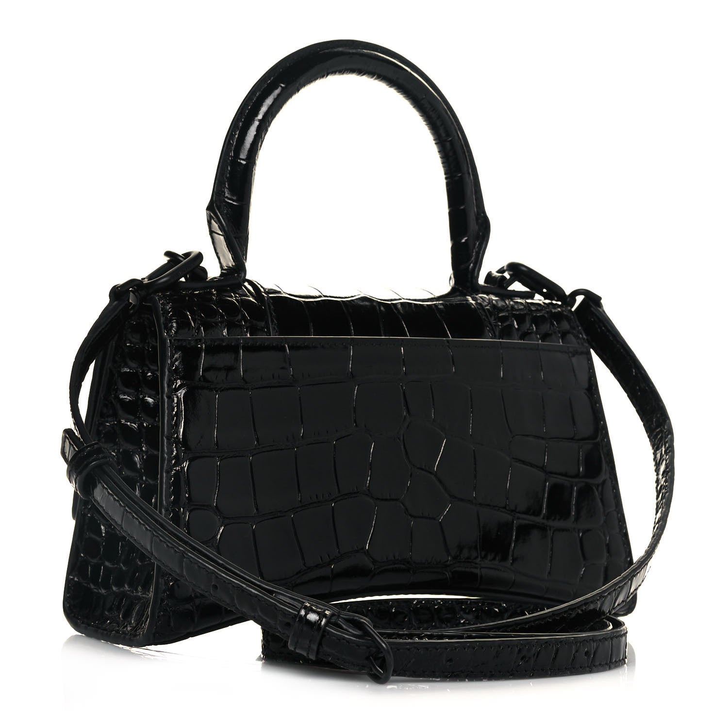 Balenciaga Shiny Calfskin Monochrome Crocodile Embossed Hourglass Top Handle Bag XS Black 2 of 6