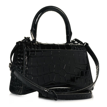 Balenciaga Shiny Calfskin Monochrome Crocodile Embossed Hourglass Top Handle Bag XS Black 2 of 6