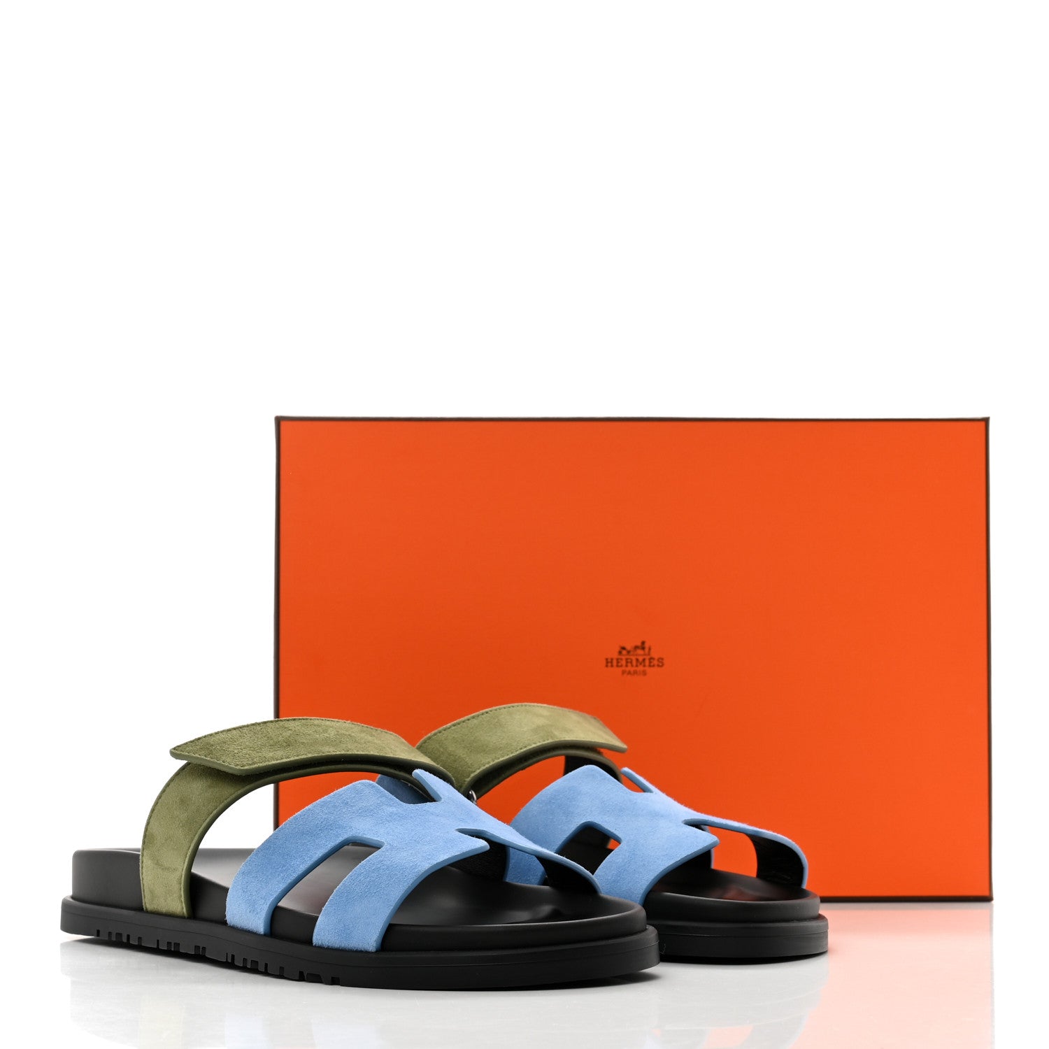 Hermes Suede Goatskin Womens Chypre Sandals 38 Bleu Cameo