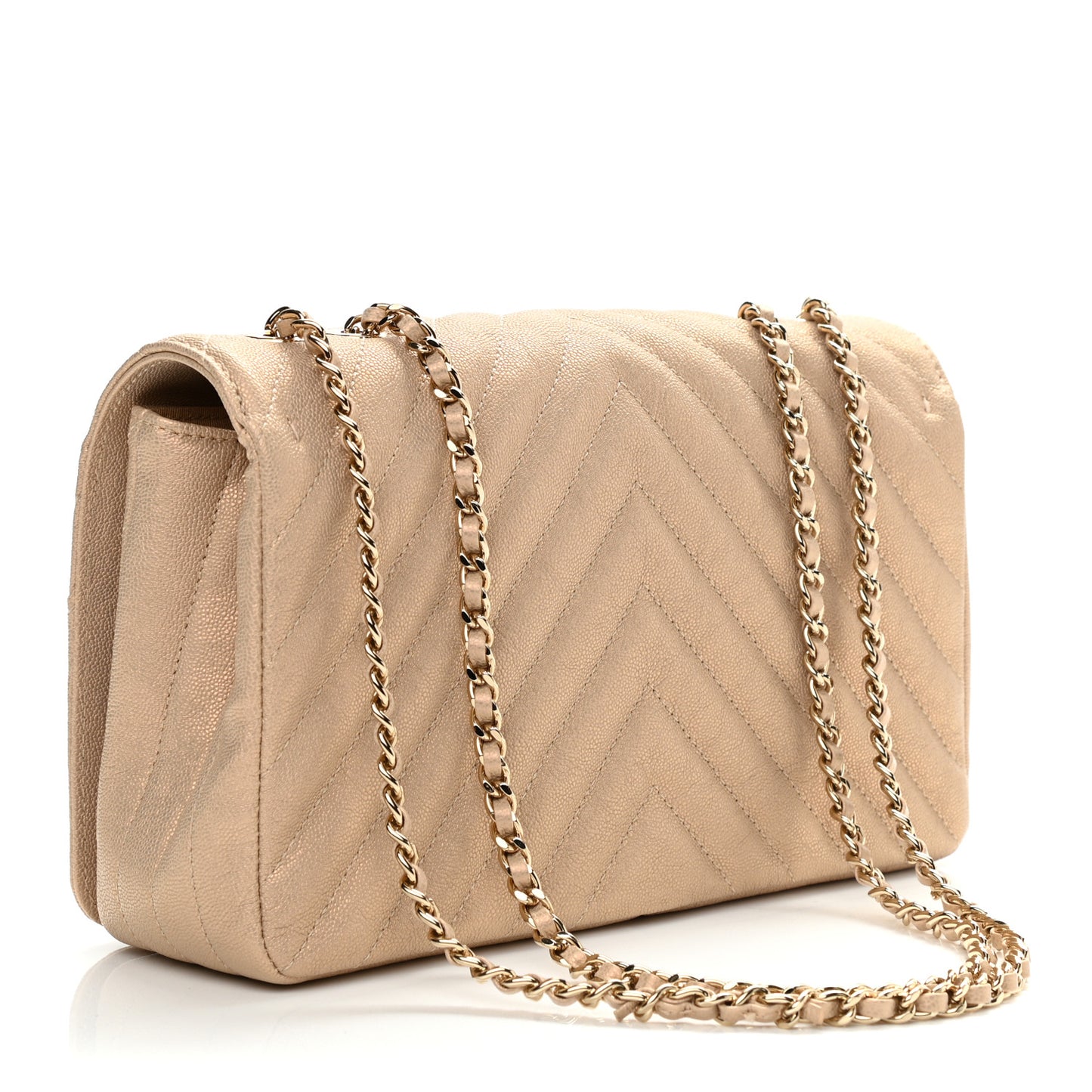 Metallic Caviar Chevron Quilted Medium Statement Flap Beige