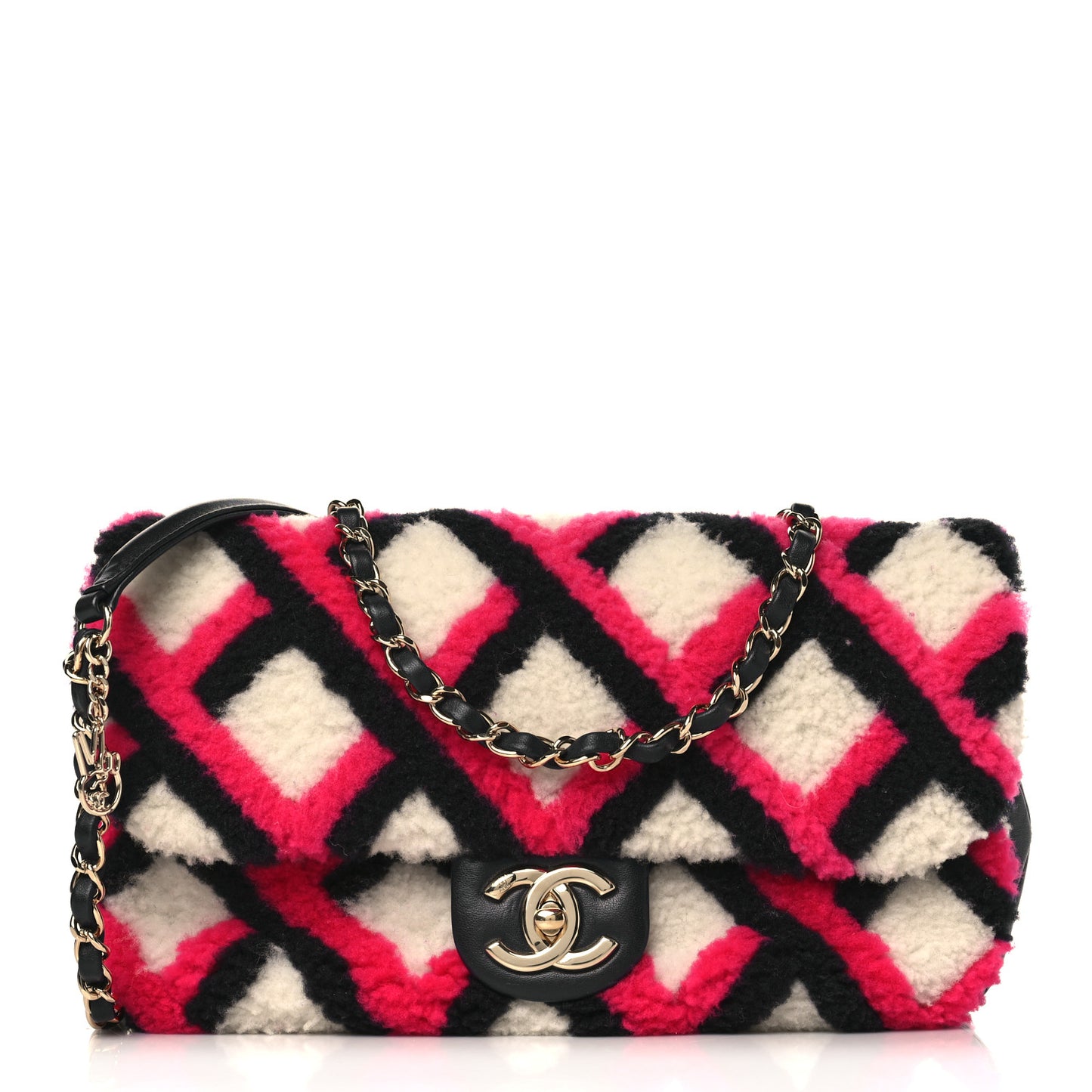 Lambskin Shearling Medium Flap Fuchsia Navy