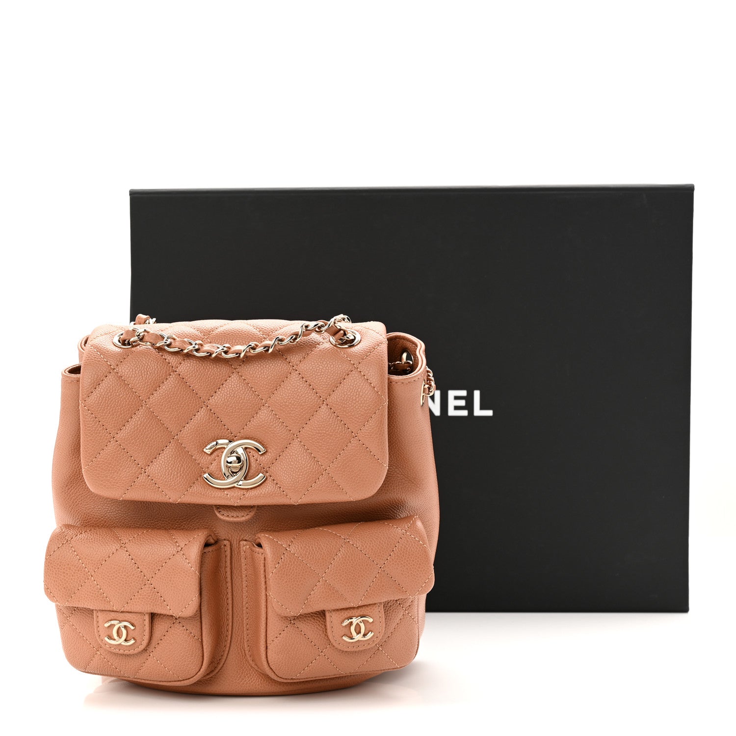 Chanel Shiny Caviar Quilted Medium Duma Pockets Drawstring Backpack Dark Beige 11 of 11