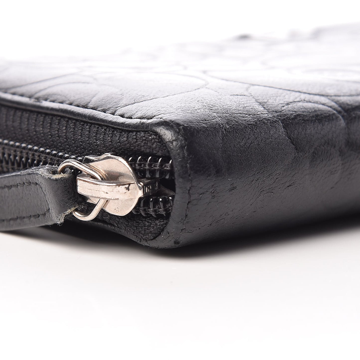 Lambskin Camellia Embossed Large Zip Around Gusset Wallet Black