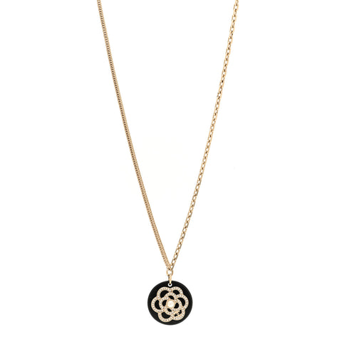 Resin Pearl Crystal Camellia CC Necklace Black Gold
