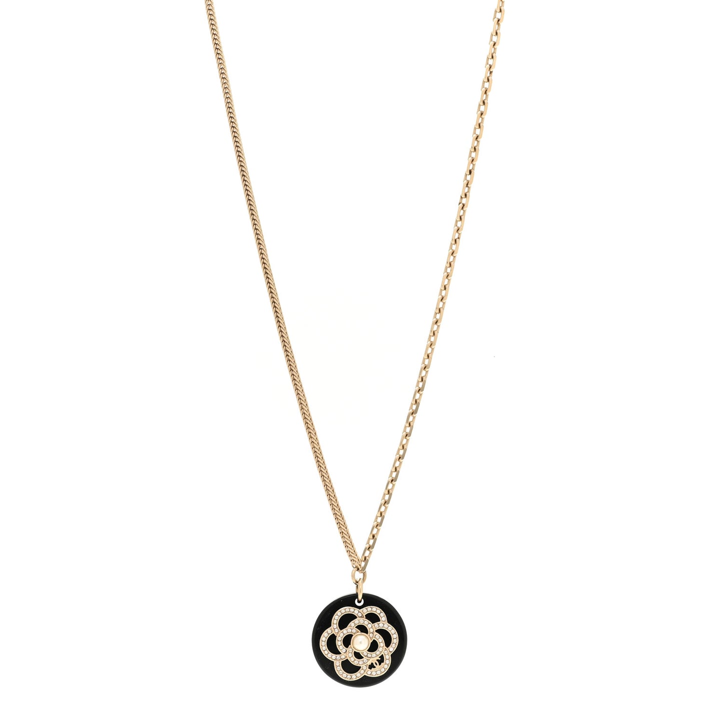Resin Pearl Crystal Camellia CC Necklace Black Gold