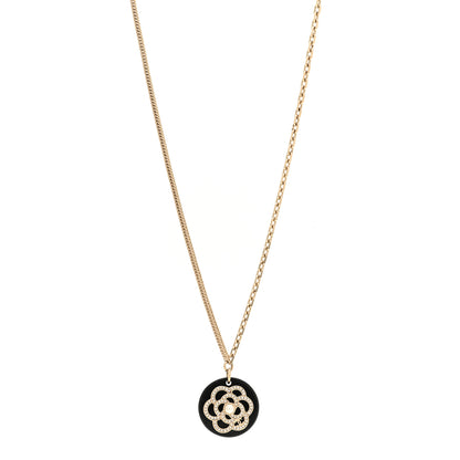 Chanel Resin Pearl Crystal Camellia CC Necklace Black Gold 1 of 6