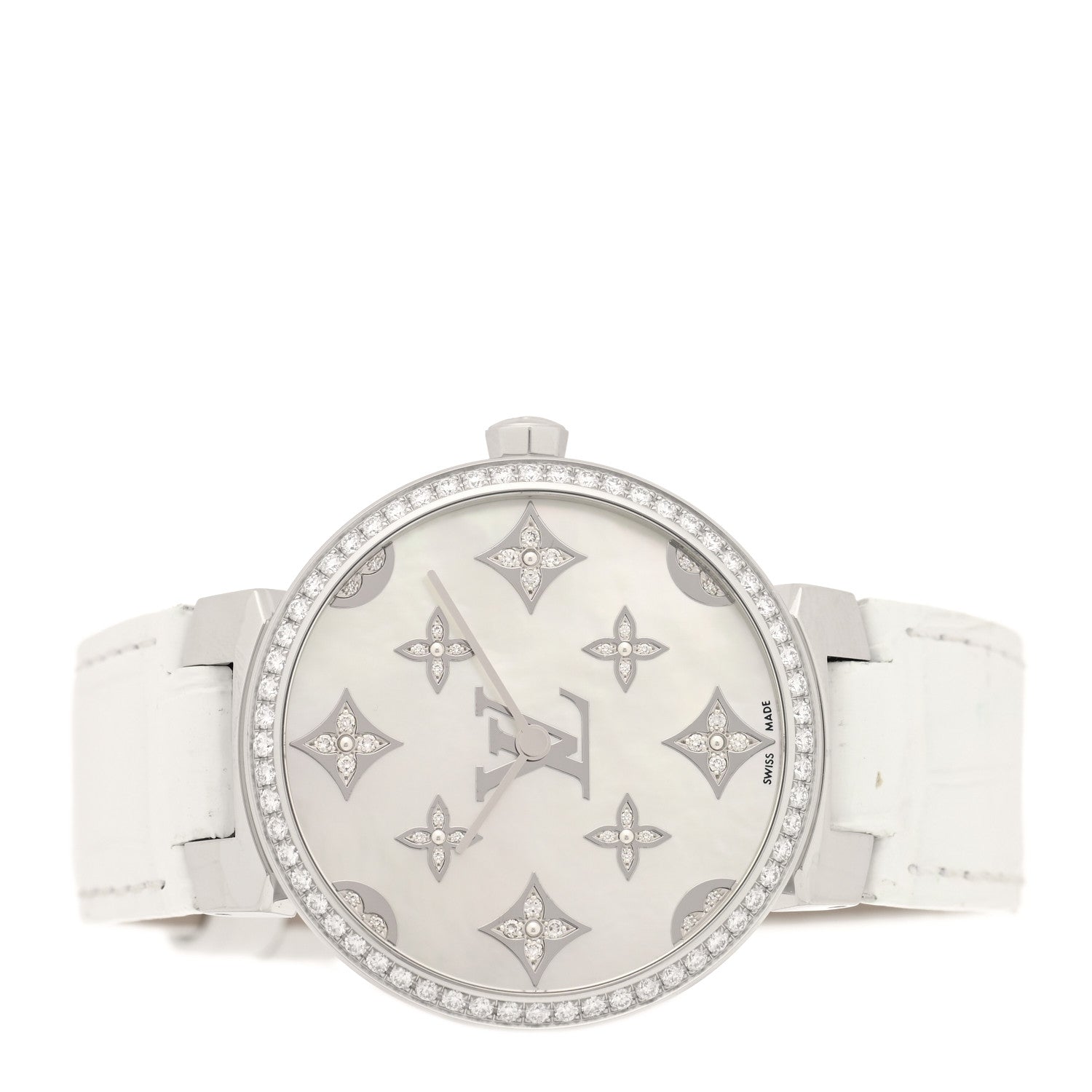 Louis Vuitton Stainless Steel Alligator Diamond Bezel Mother of Pearl 33mm Tambour Slim Quartz Watch 2 of 4