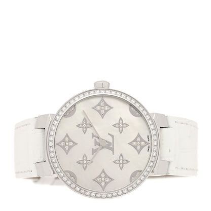 Louis Vuitton Stainless Steel Alligator Diamond Bezel Mother of Pearl 33mm Tambour Slim Quartz Watch 2 of 4