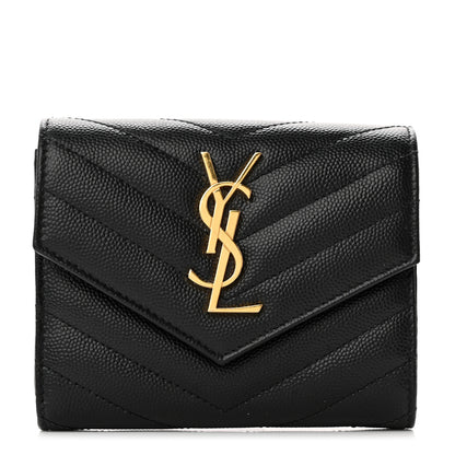 Saint Laurent Grain De Poudre Matelasse Chevron Monogram Compact Tri Fold Wallet Black 1 of 11