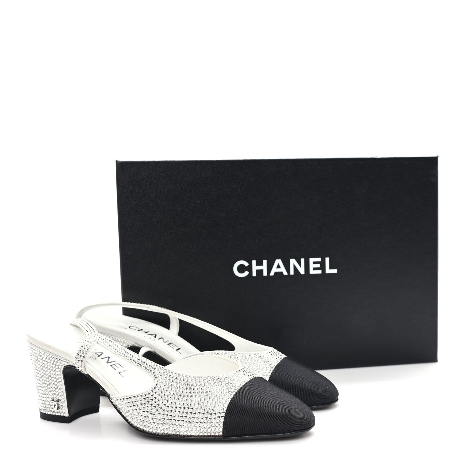 Chanel Strass Grosgrain Cap Toe CC Slingback Pumps 36 Silver Black 10 of 10