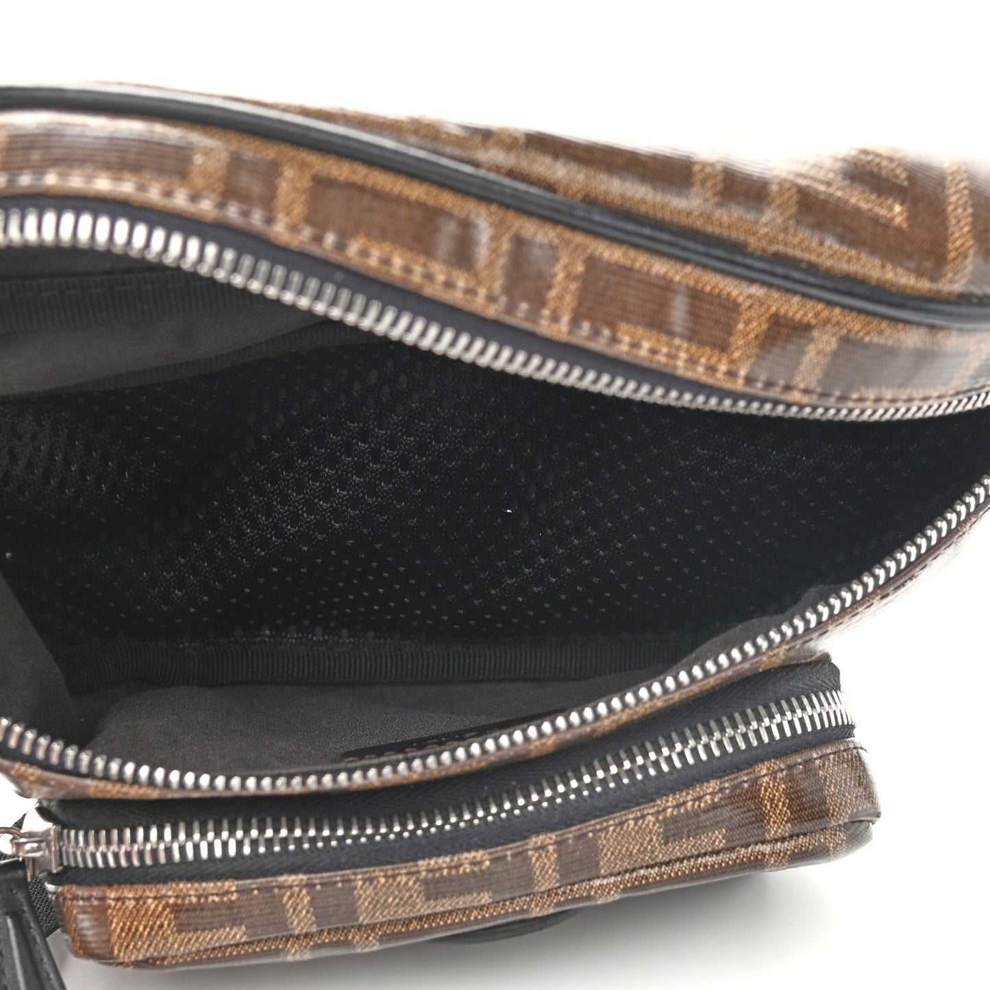 Glazed Fabric Vitello Century FF 1974 Stamp Patch Mens Pocket Belt Bag Mogano Panna Black