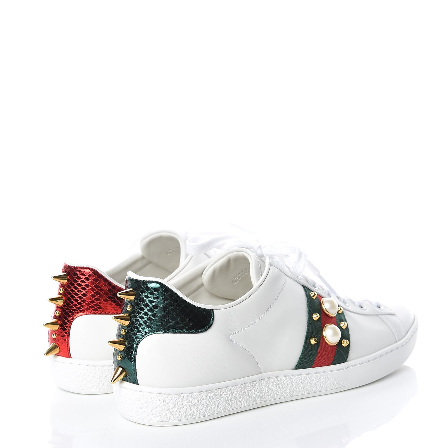Calfskin Web Pearl Studded Womens Ace Sneakers 38 White