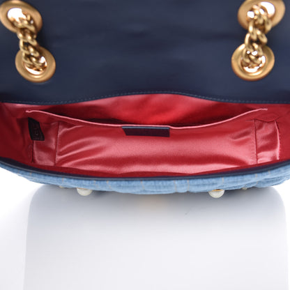 Gucci Denim Matelasse Pearl Studded Mini GG Marmont Shoulder Bag Blue 5 of 9