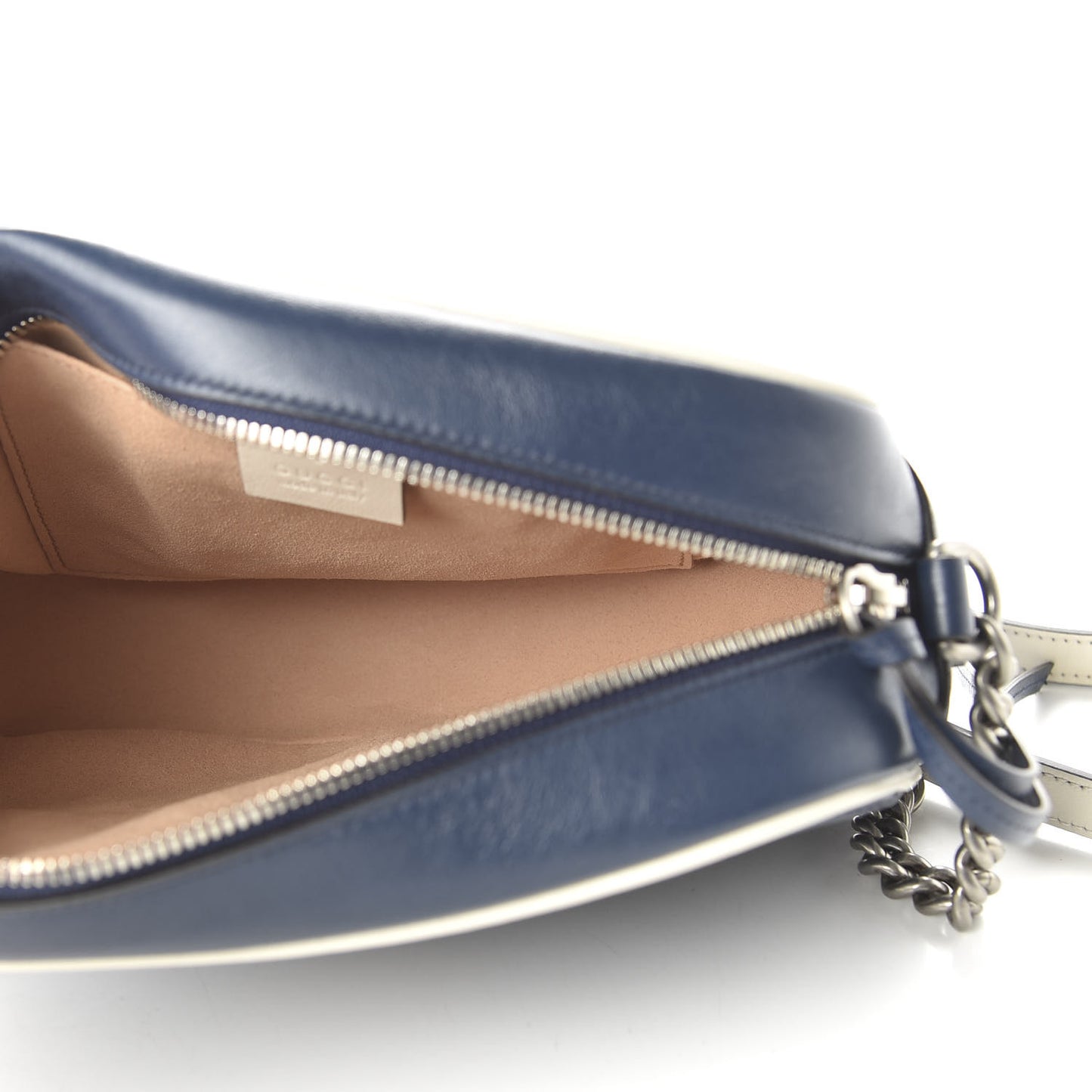Vintage Effect Calfskin Matelasse Diagonal Small Torchon GG Marmont Chain Shoulder Bag Blue Agata Mystic White