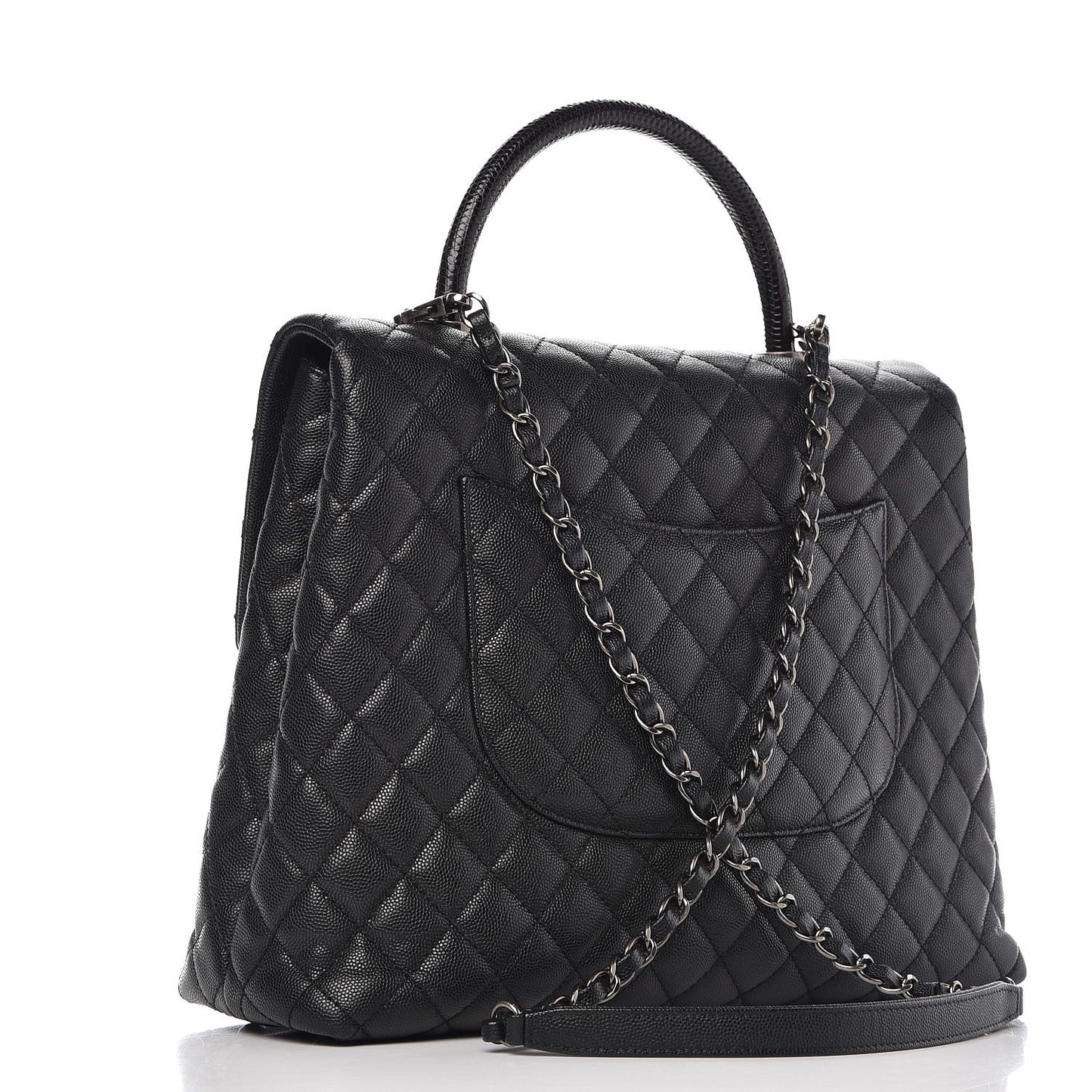 Caviar Lizard Quilted Large Coco Handle Flap Black