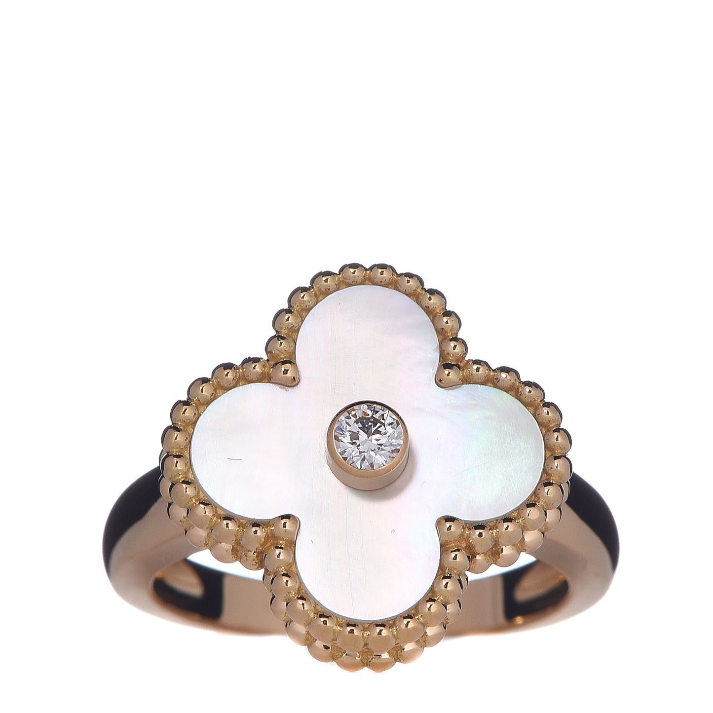 18K Yellow Gold Diamond Mother of Pearl Vintage Alhambra Ring 48 4.5