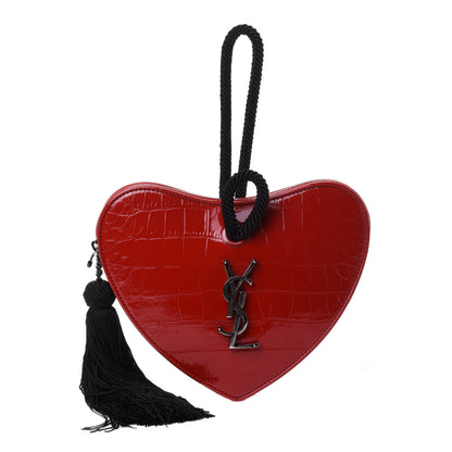 Saint Laurent Patent Crocodile Embossed Sac Coeur Heart Shaped Clutch Red 2 of 8