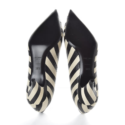 Saint Laurent Elaphe Snakeskin Striped Kiki Kitten Heel Pumps 38.5 Black Off White 7 of 8