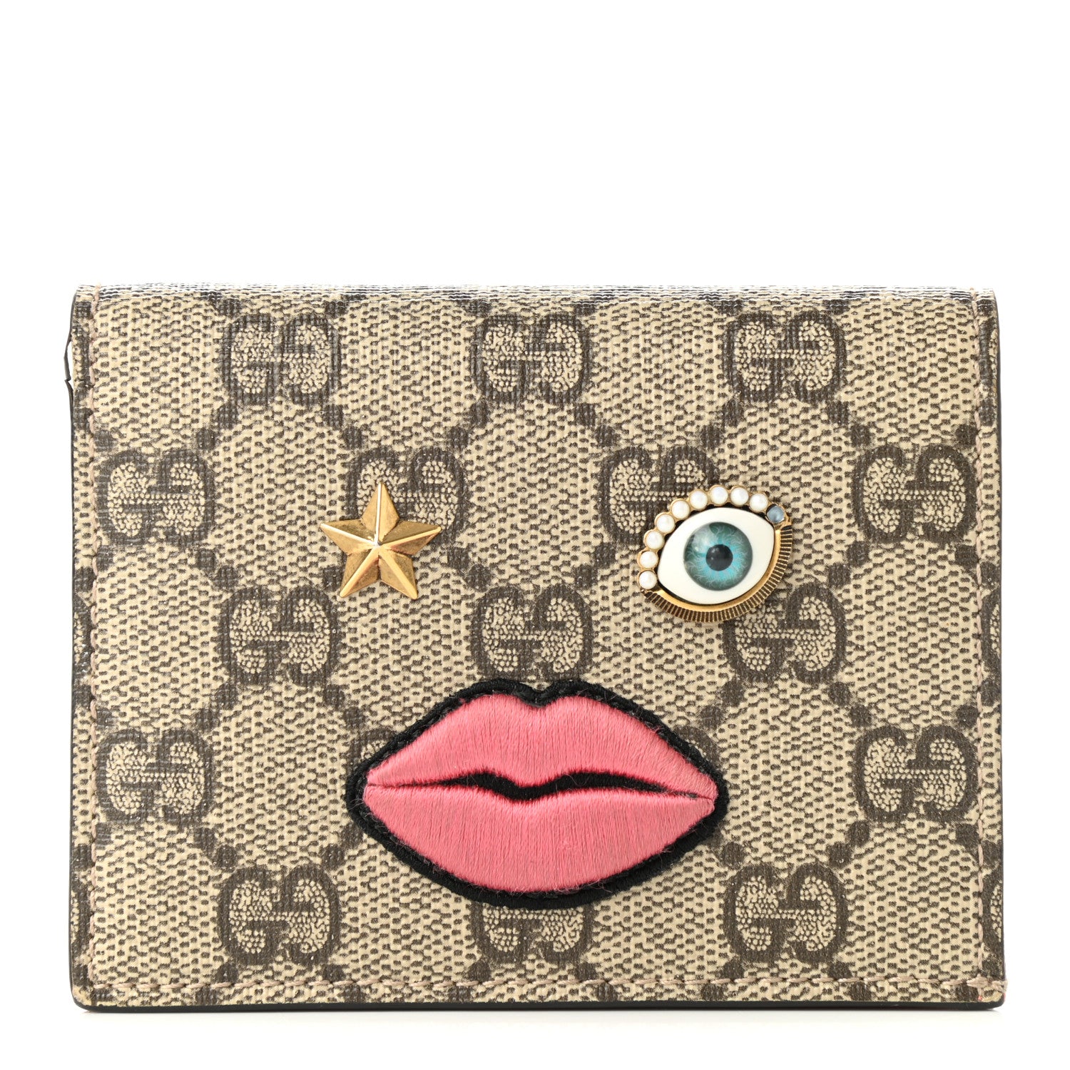 Gucci GG Supreme Monogram Face Embroidered Card Case Wallet Pink 1 of 8
