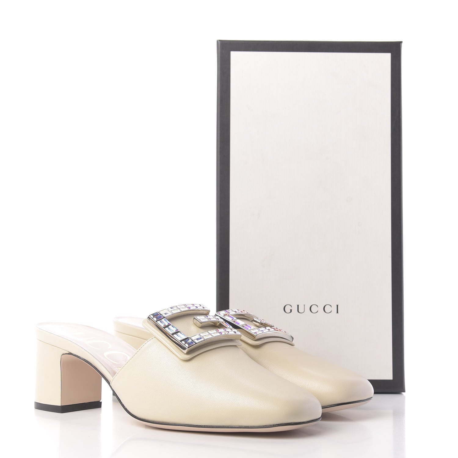 Gucci Malaga Kid Crystal Square G Madelyn Mules 40 Vintage White 12 of 12