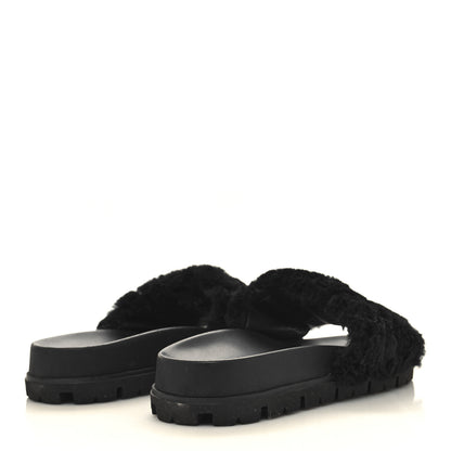 Prada Shearling Metal Triangle Logo Lug Sole 20mm Slide Sandals 35 Black 4 of 8