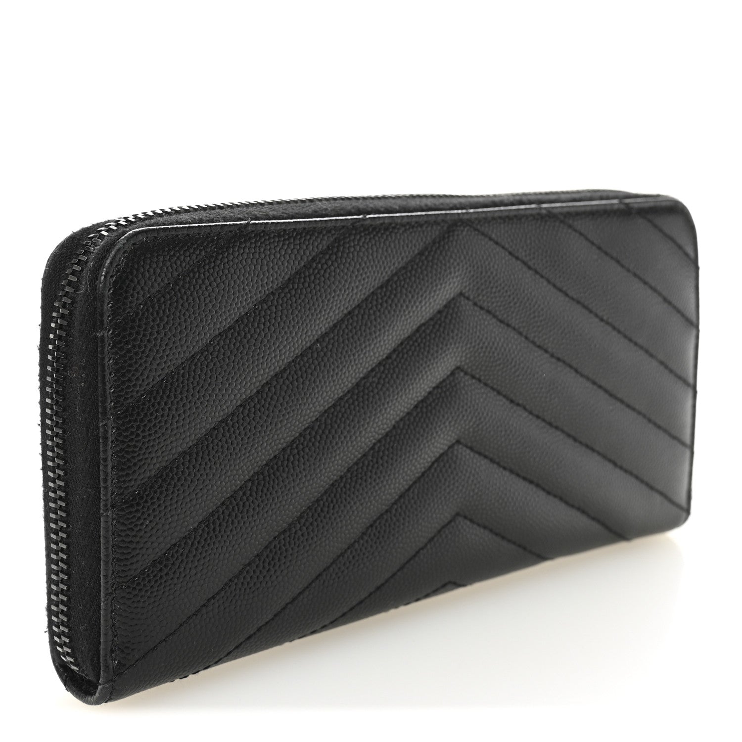 Saint Laurent Grain De Poudre Matelasse Chevron Monogram Monochrome Zip Around Wallet Black 3 of 9