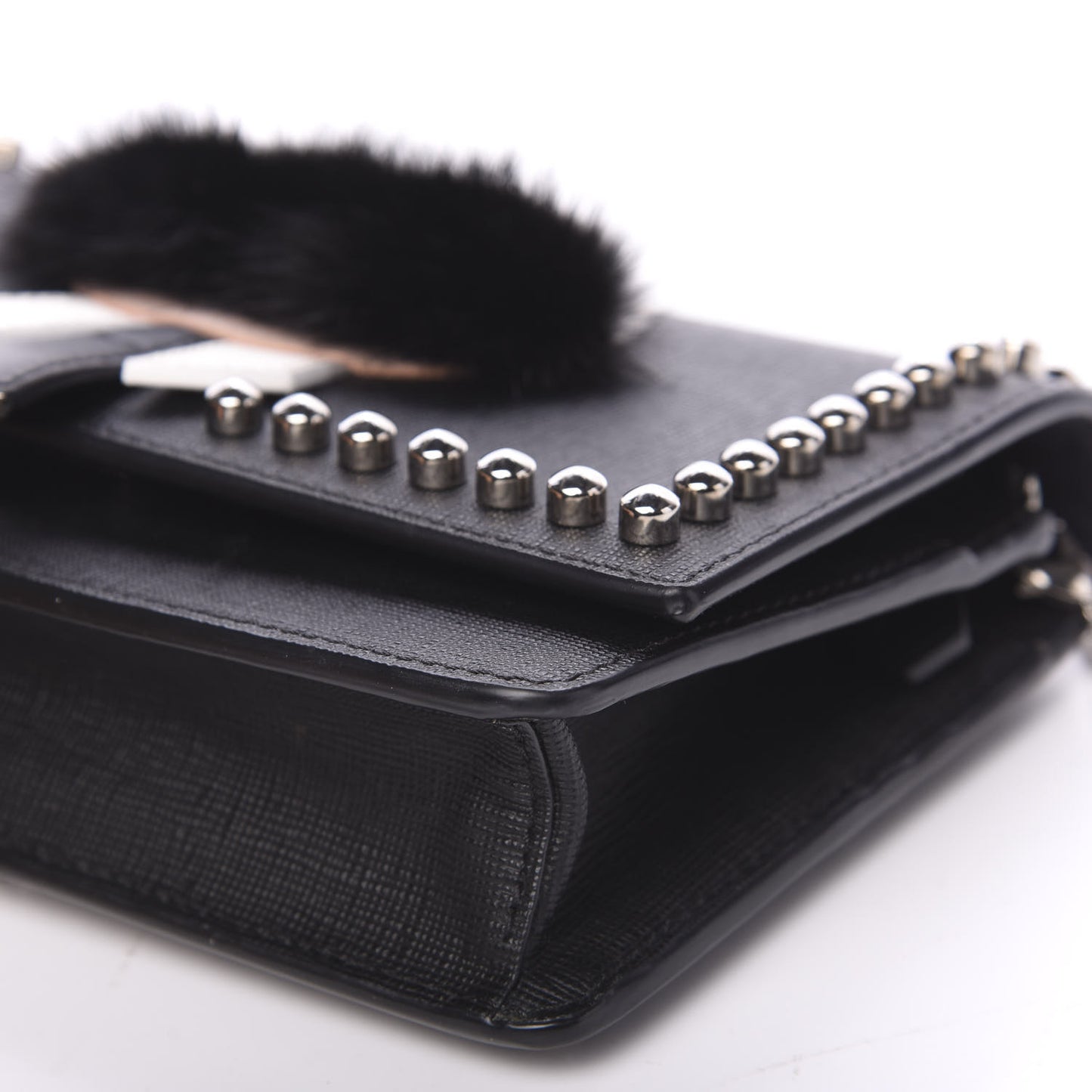 Vitello Elite Mink Fur Studded Karlito Tube Wallet on Chain Black