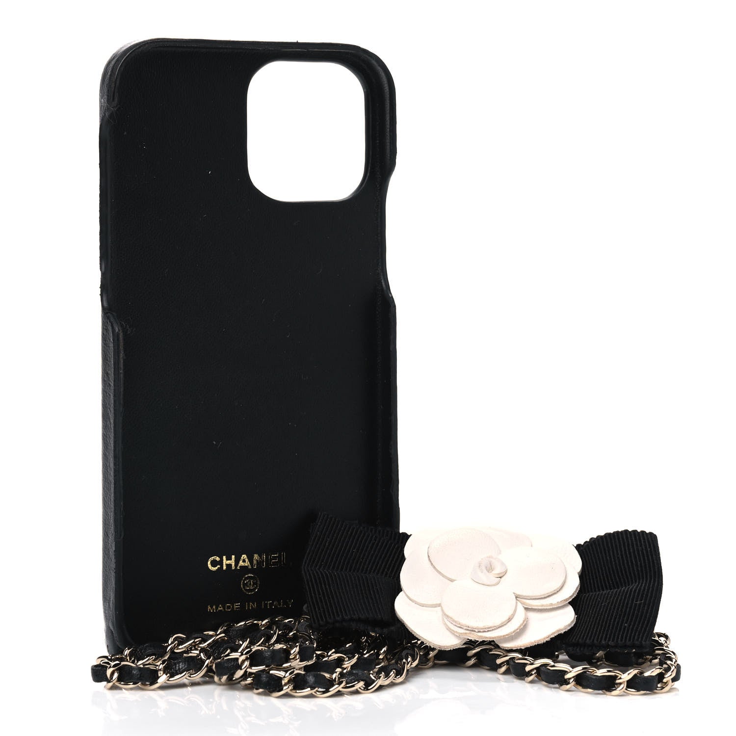 Chanel Lambskin Quilted Camellia Bow iPhone XII Pro Case With Chain Black 2 of 9
