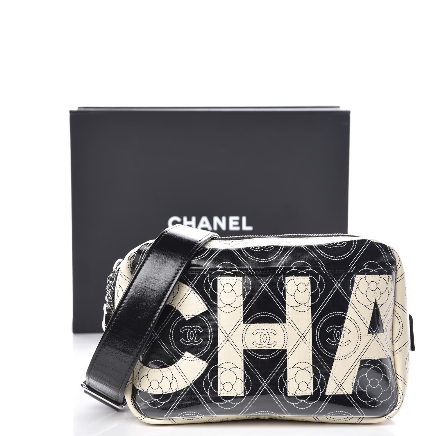 Chanel Coated Canvas Calfskin Camellia Printed Camera Case Black Beige 10 of 10