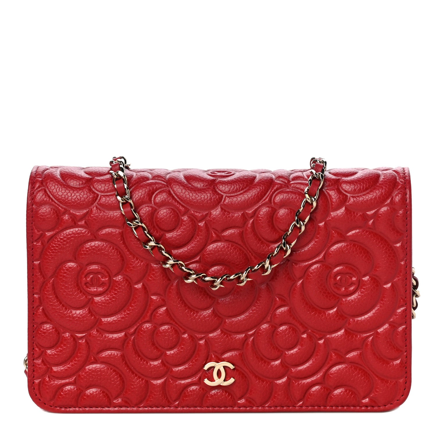 Chanel Caviar Camellia Embossed Wallet On Chain WOC Red 1 of 12