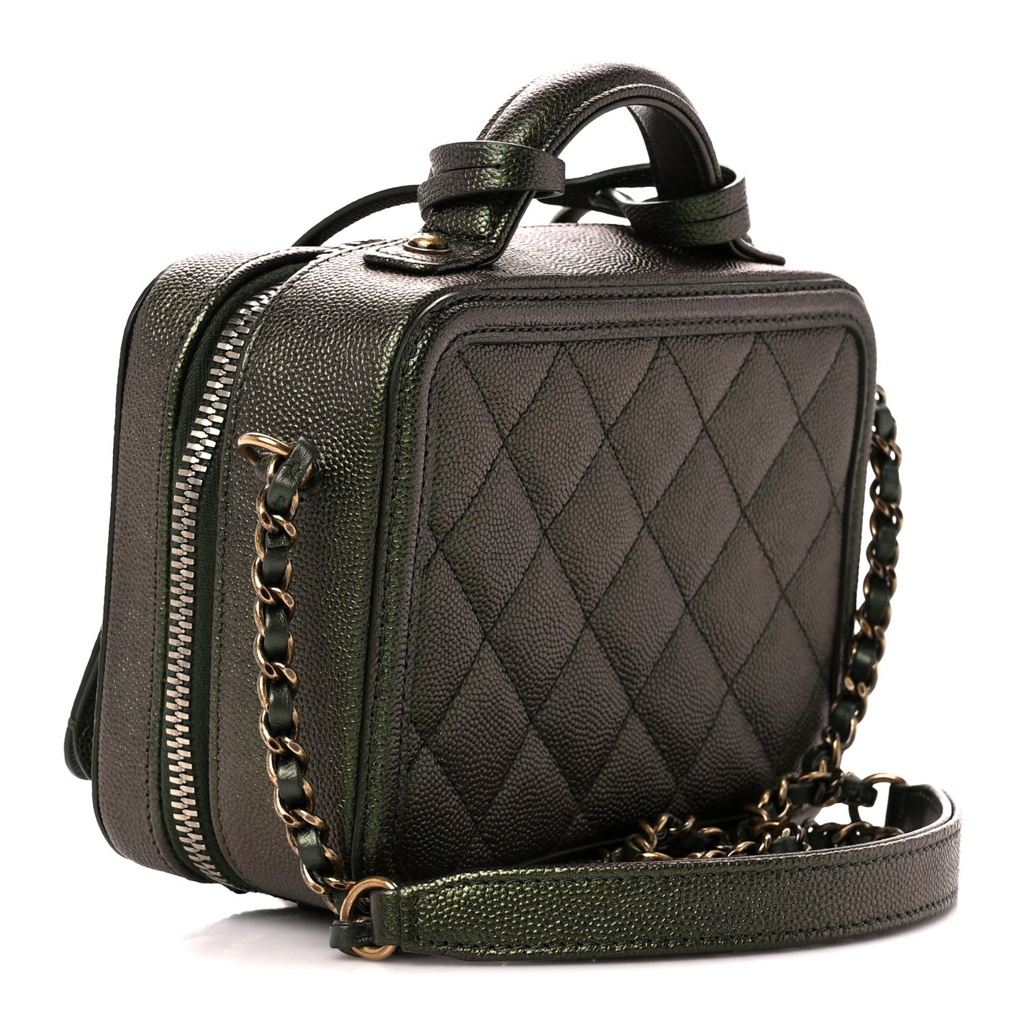 Iridescent Caviar Quilted Small CC Filigree Vanity Case Green