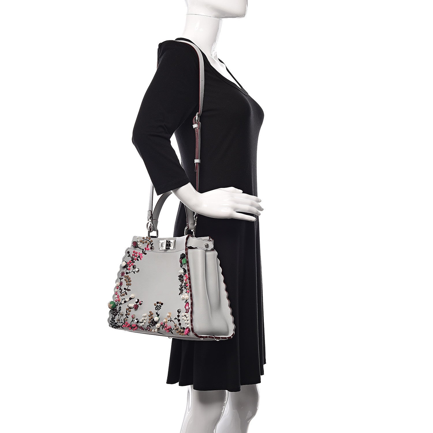 Fendi Vitello Seta Shiny Nappa Pearl Scalloped Studded Floral Embroidered Medium Peekaboo Iconic Satchel Grigio Perla Multicolor 2 of 11