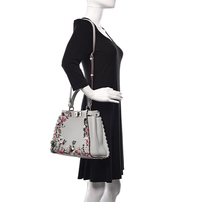 Fendi Vitello Seta Shiny Nappa Pearl Scalloped Studded Floral Embroidered Medium Peekaboo Iconic Satchel Grigio Perla Multicolor 2 of 11