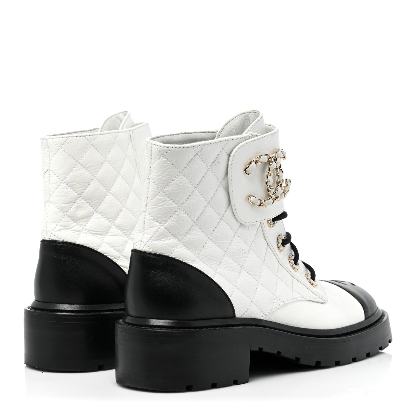 Shiny Goatskin Calfskin Quilted Lace Up Combat Boots 38 Black White