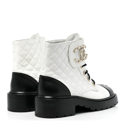 Chanel Shiny Goatskin Calfskin Quilted Lace Up Combat Boots 38 Black White 4 of 9