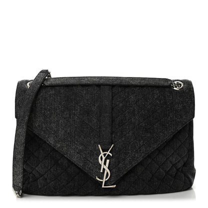 Saint Laurent Denim Mixed Matelasse Triquilt Large Monogram Envelope Satchel Black 1 of 13