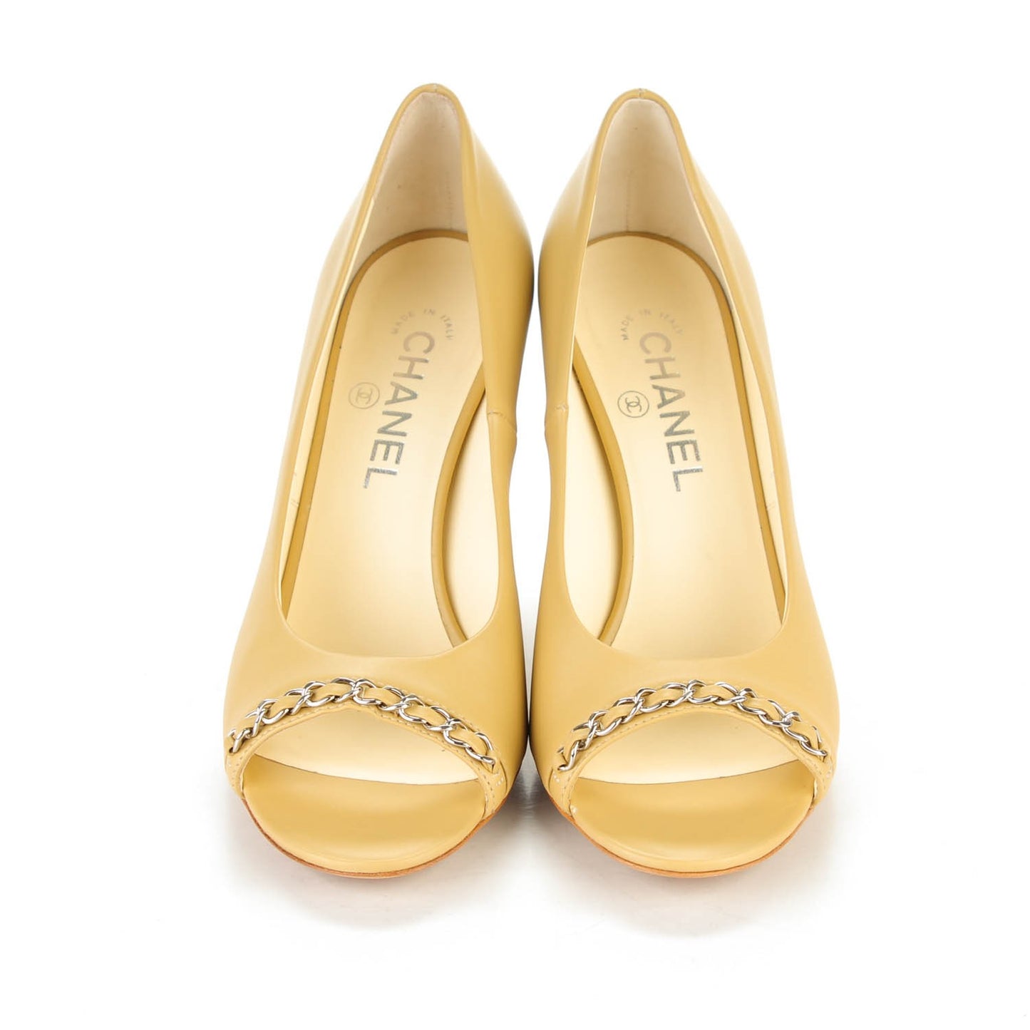 Calfskin Chain Peep Toe CC Pumps 39 Beige