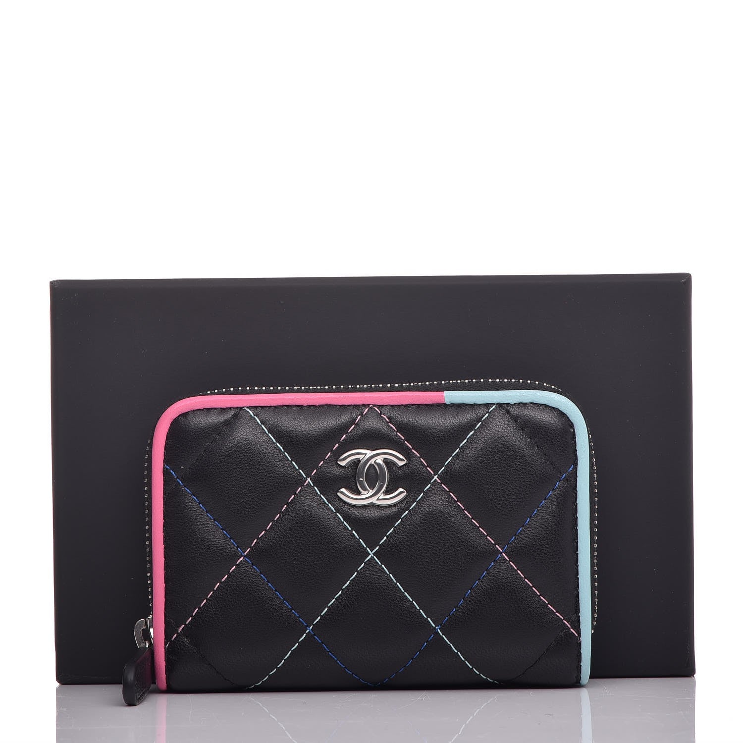 Chanel Lambskin Quilted Zip Around Coin Purse Wallet Black Multicolor 8 of 8