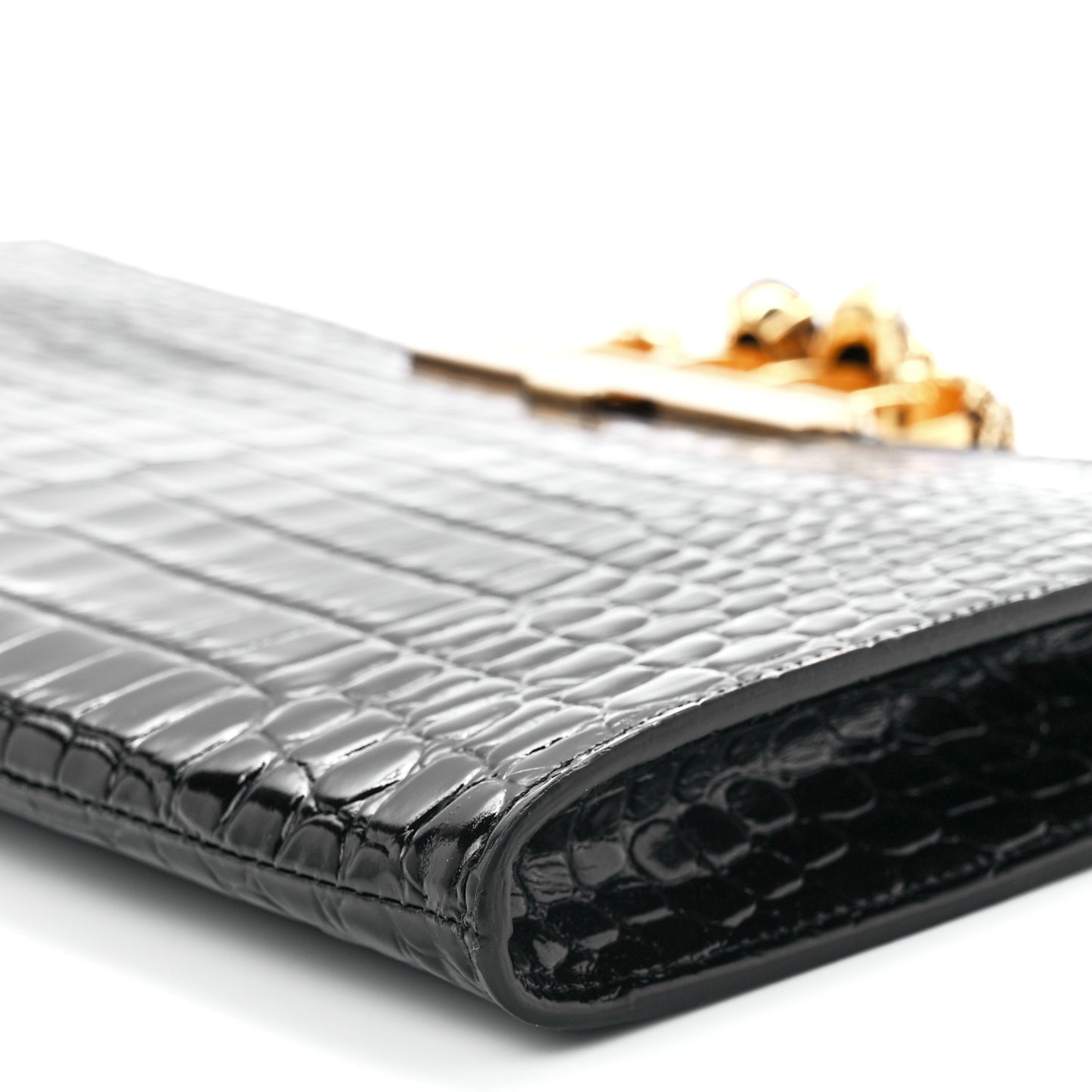 Calfskin Crocodile Embossed Knuckle Flat Clutch Black Gold
