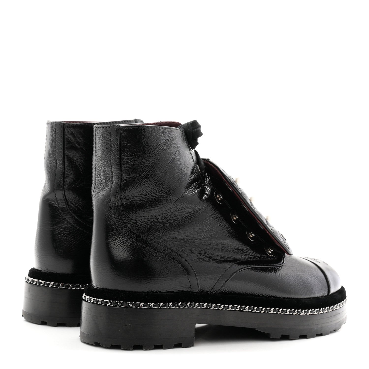 Chanel Crackled Calfskin Velvet Pearl Combat Short Boots 38 Black 5 of 10