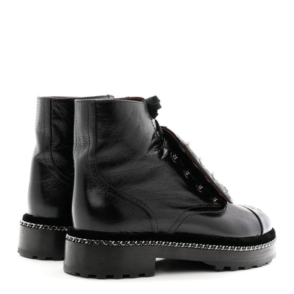 Chanel Crackled Calfskin Velvet Pearl Combat Short Boots 38 Black 5 of 10
