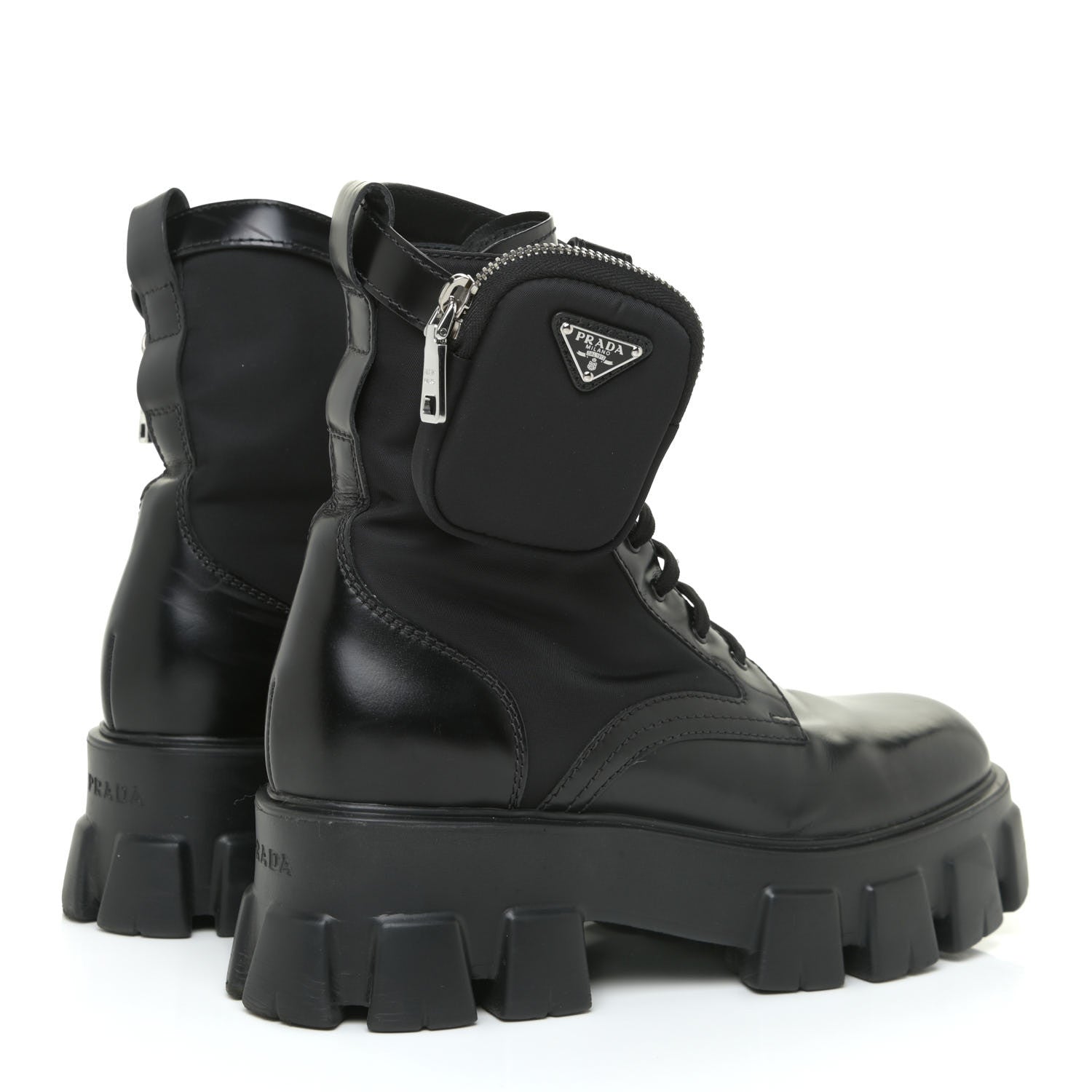 Prada Spazzolato Rois Nylon Metal Triangle Logo Monolith Pouch Pocket 55mm Boots 39.5 Black 4 of 20