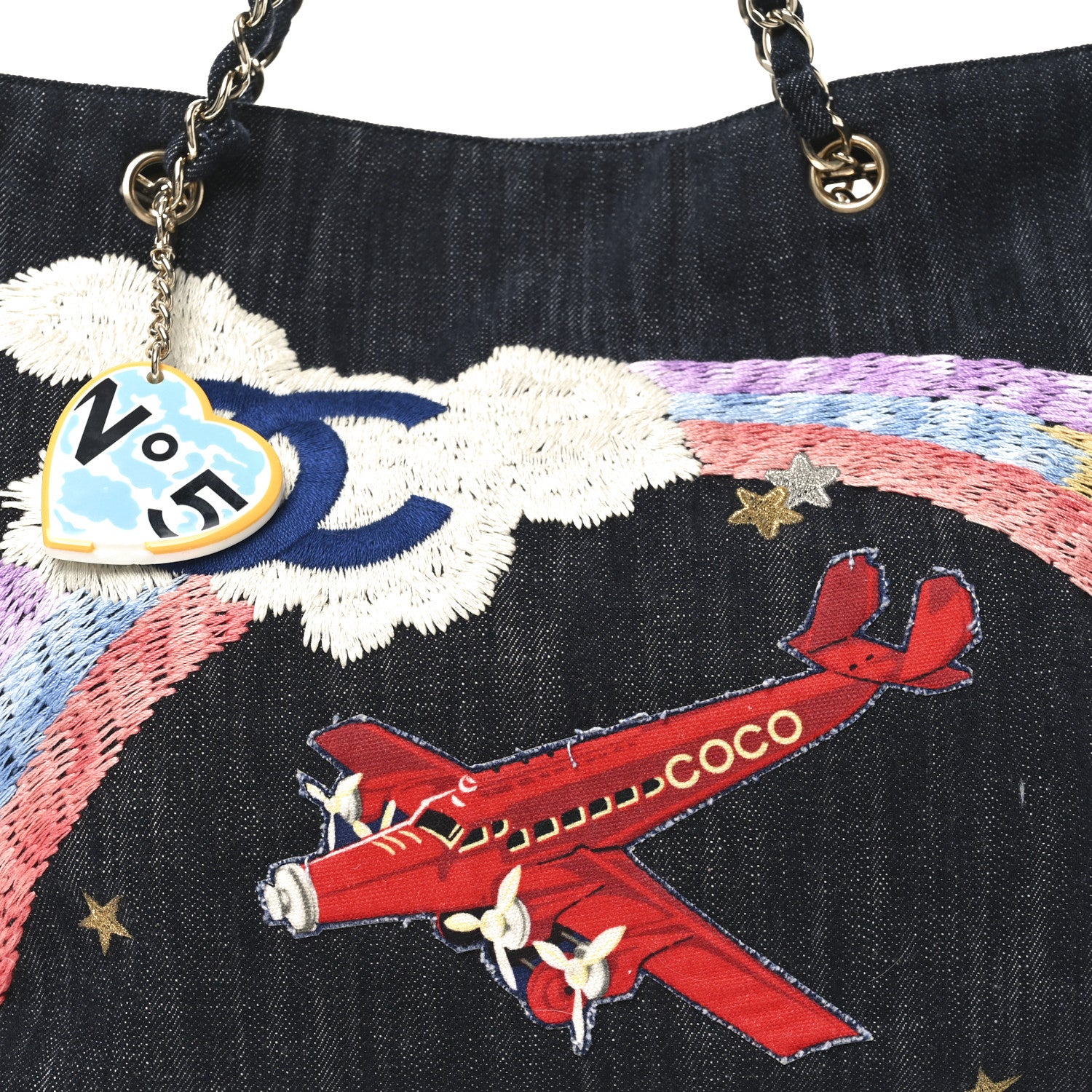 Chanel Denim Embroidered Night Flight Tote Blue 8 of 12