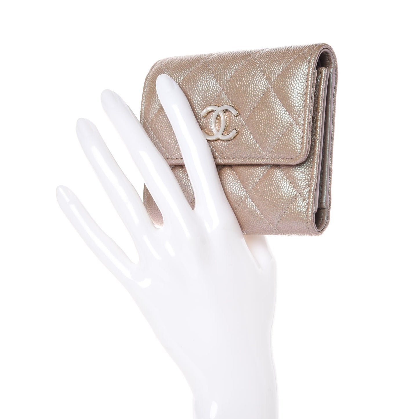 Iridescent Caviar Quilted Small Flap Wallet Beige