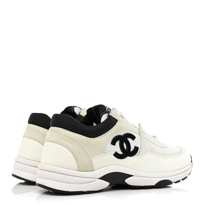 Chanel Mesh Suede Calfskin Grained Calfskin Womens CC Sneakers 36.5 White Black 4 of 9