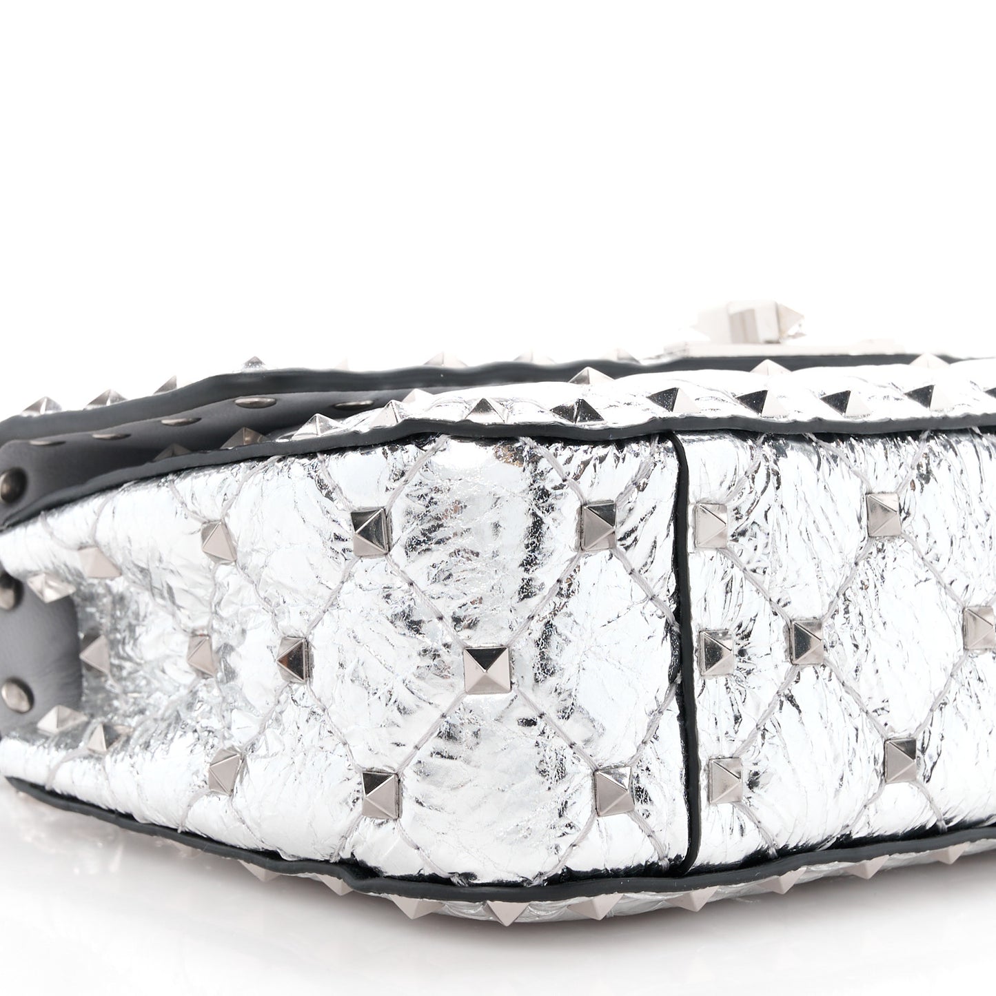 VALENTINO GARAVANI Metallic Wrinkled Lambskin Small Rockstud Spike Shoulder Bag Silver