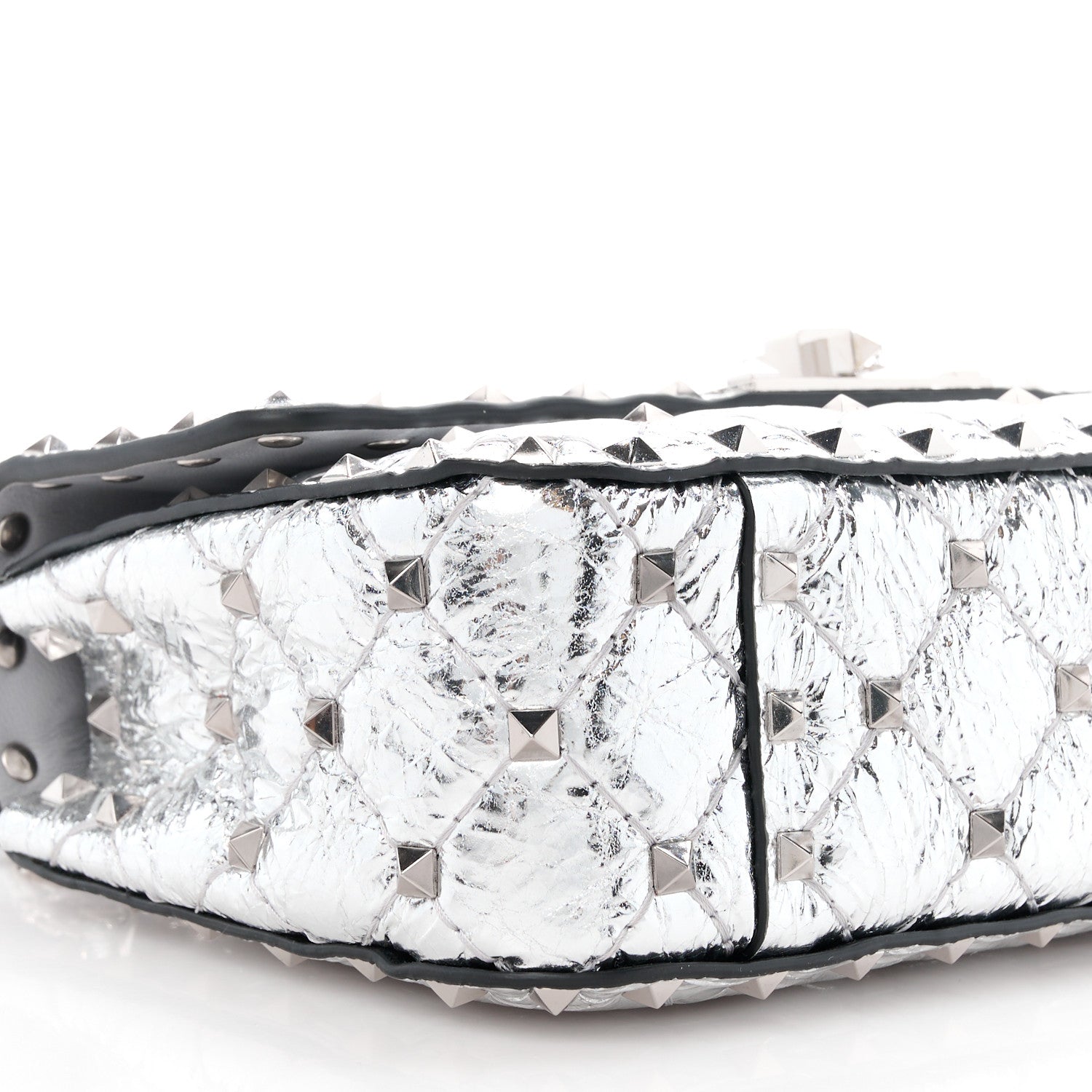 Valentino Garavani VALENTINO GARAVANI Metallic Wrinkled Lambskin Small Rockstud Spike Shoulder Bag Silver 9 of 10