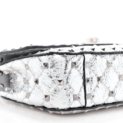 Valentino Garavani VALENTINO GARAVANI Metallic Wrinkled Lambskin Small Rockstud Spike Shoulder Bag Silver 9 of 10