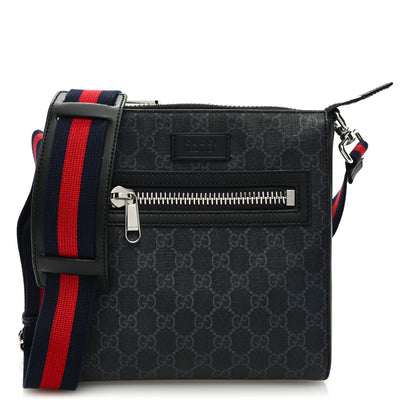 Gucci GG Supreme Monogram Web Small Flat Messenger Bag Black Grey 1 of 10